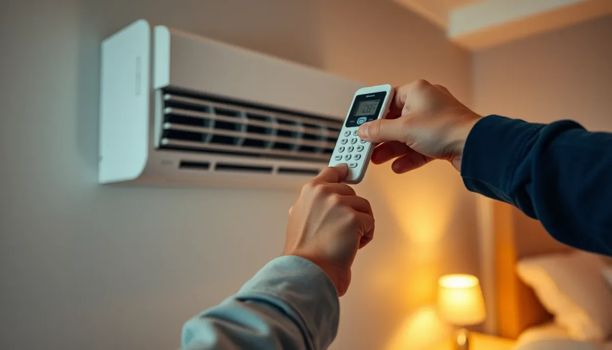 Utilisateur réglant une télécommande de climatisation dans une chambre