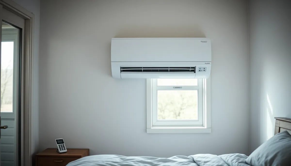 Climatiseur Beko installé dans une chambre à coucher, avec télécommande sur la table de chevet