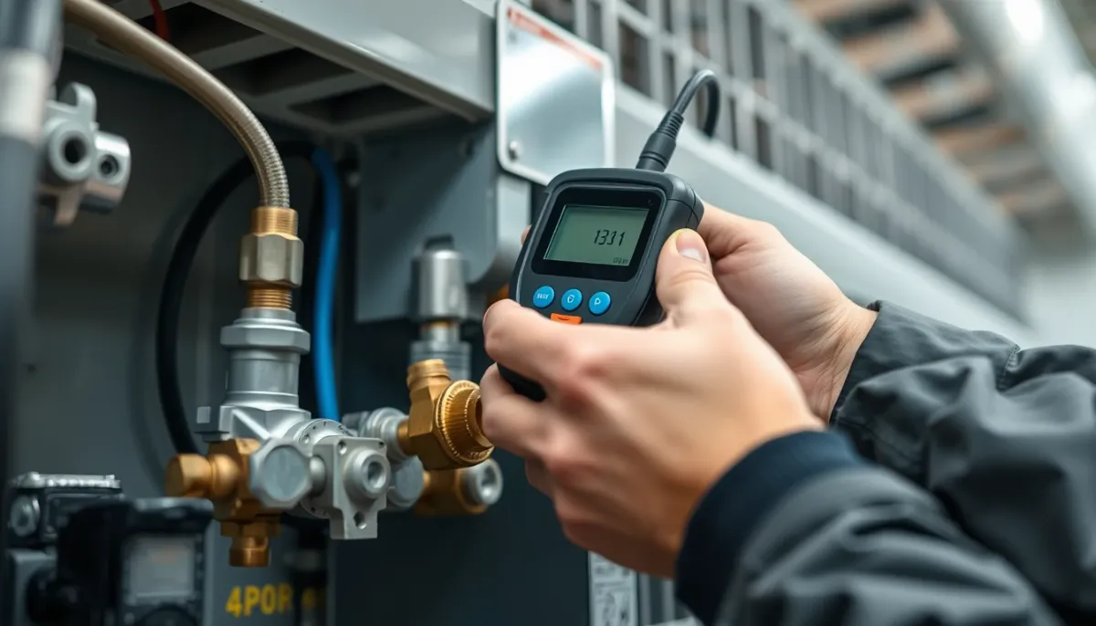 Technicien utilisant un détecteur électronique de fuite sur les raccords d'une climatisation.