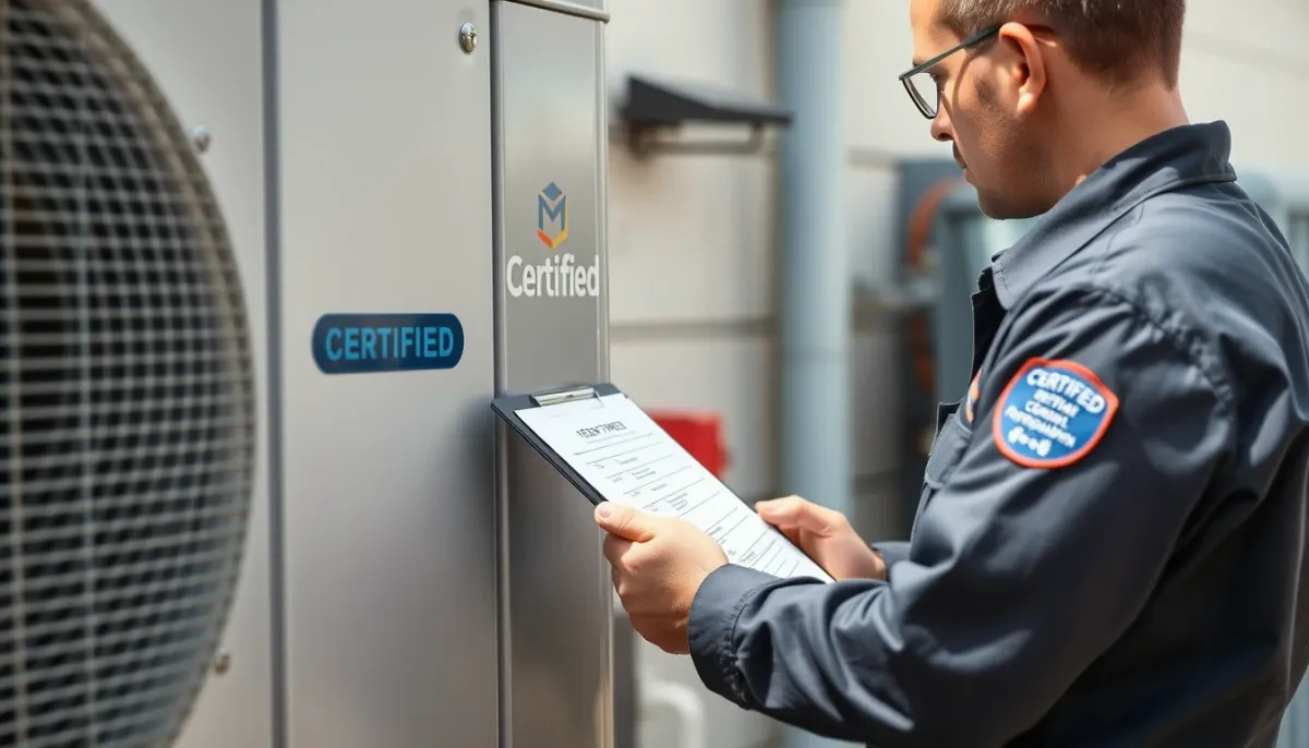 Frigoriste certifié vérifiant la plaque signalétique d'une climatisation extérieure.