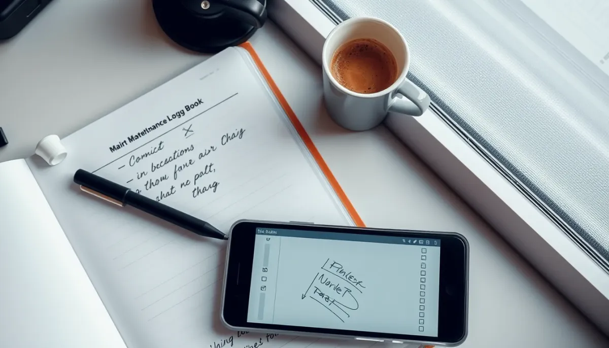 Carnet d'entretien et smartphone avec liste de vérification pour le suivi du contrôle d'étanchéité.
