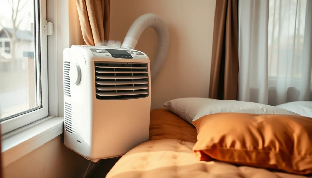 Climatiseur monobloc installé dans une chambre avec gaine d'évacuation vers la fenêtre
