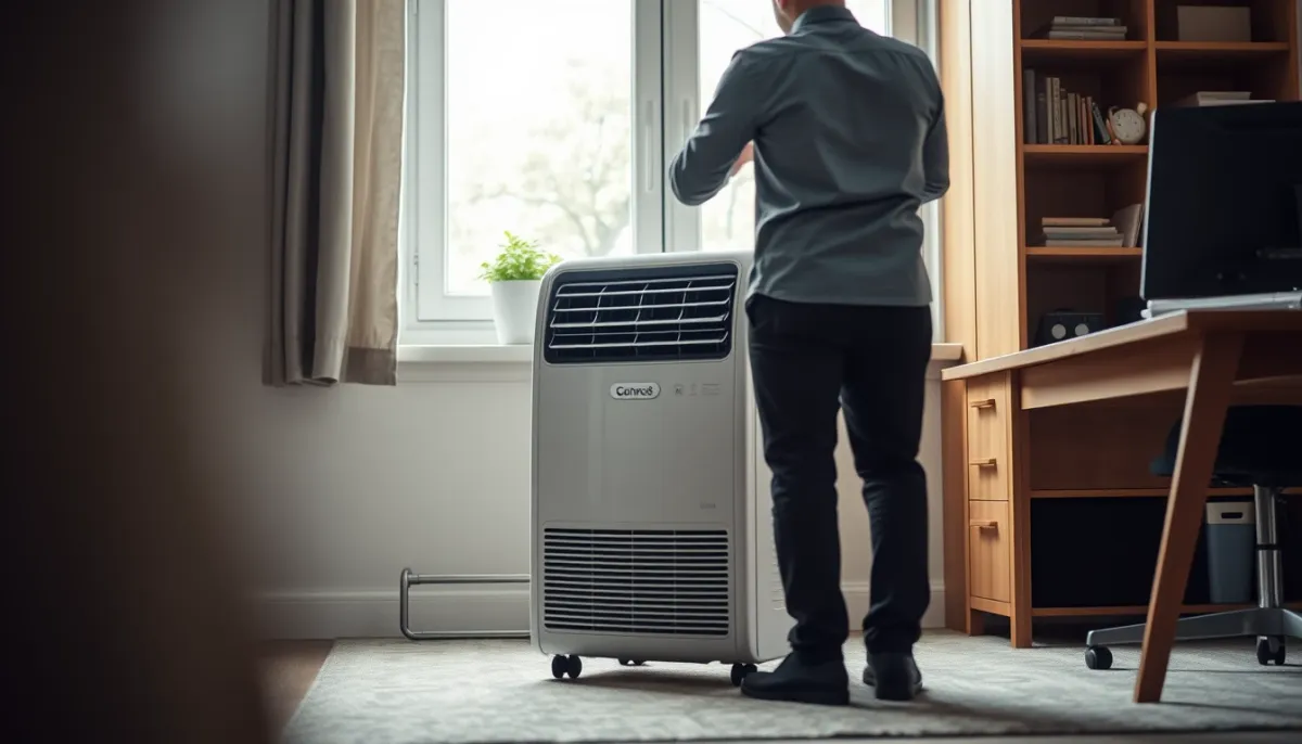 Utilisateur réglant un climatiseur monobloc dans un bureau à domicile