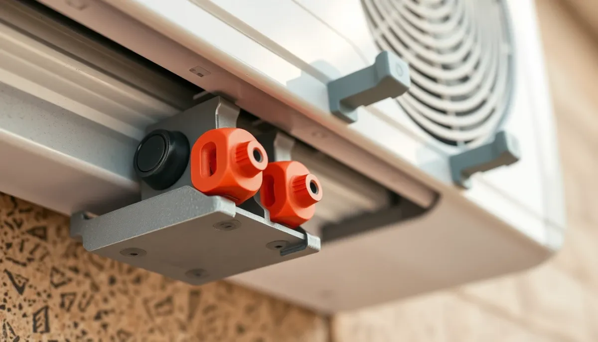 Gros plan sur des chevilles chimiques et silentblocs maintenant une console murale pour unité extérieure