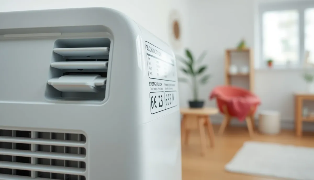 Gros plan sur l'étiquette énergétique et le panneau de contrôle d'un climatiseur mobile