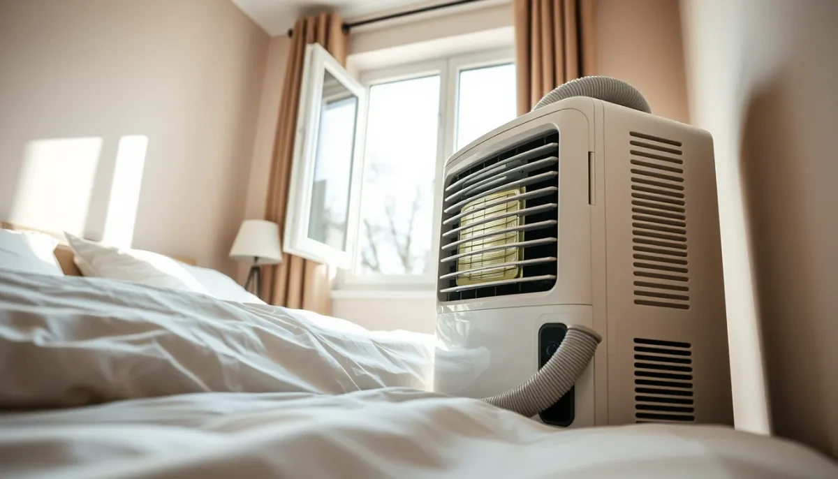 Climatiseur mobile en fonctionnement dans une chambre à coucher avec gaine vers la fenêtre