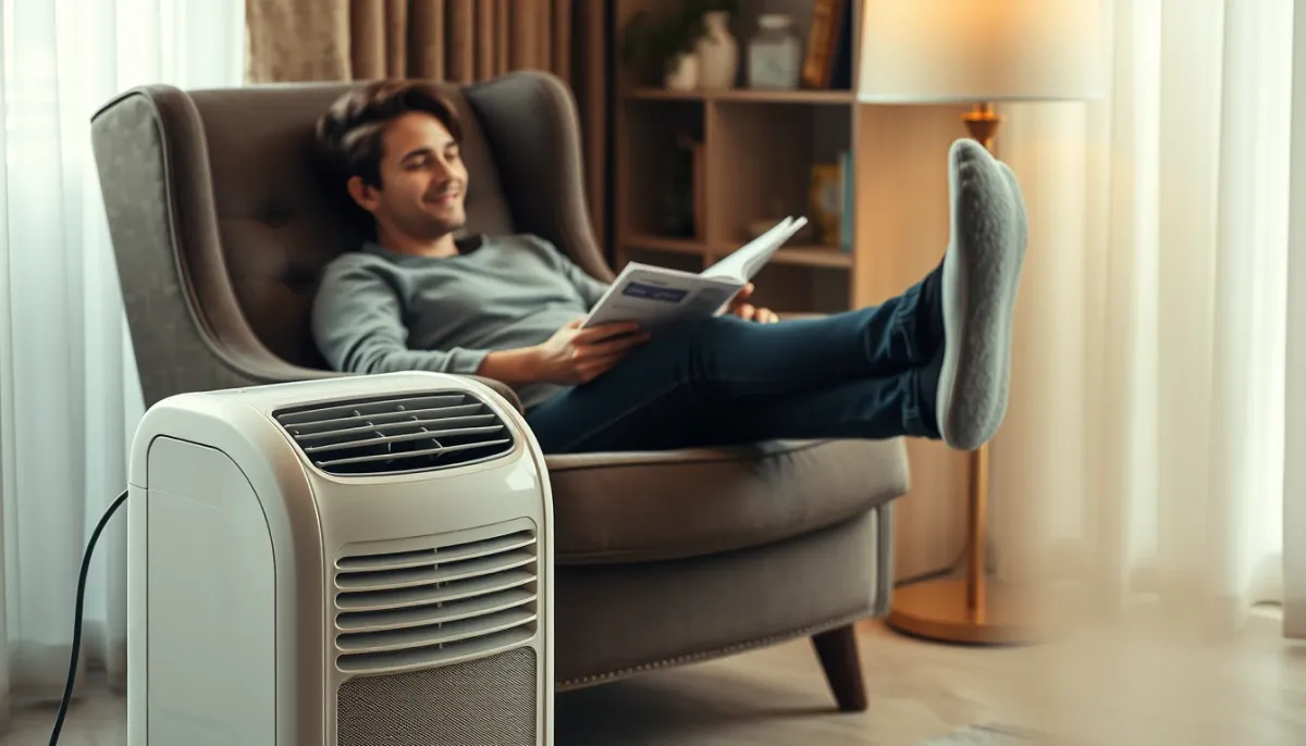 Personne se détendant dans un fauteuil avec un climatiseur mobile à proximité