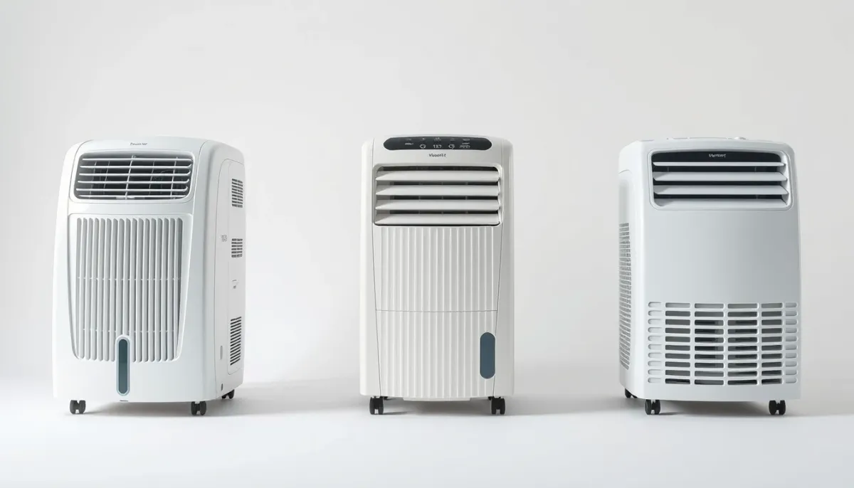 Trois climatiseurs mobiles côte à côte pour un comparatif