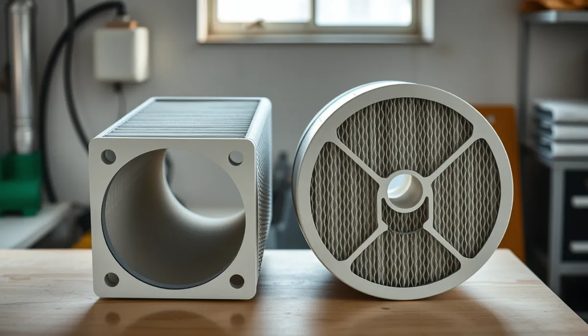 Filtres G4 et F7 pour VMC double flux posés côte à côte sur un établi