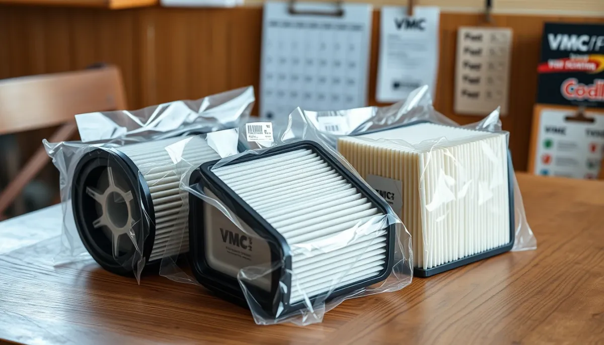Filtres neufs pour VMC double flux dans leur emballage avec un calendrier en arrière-plan