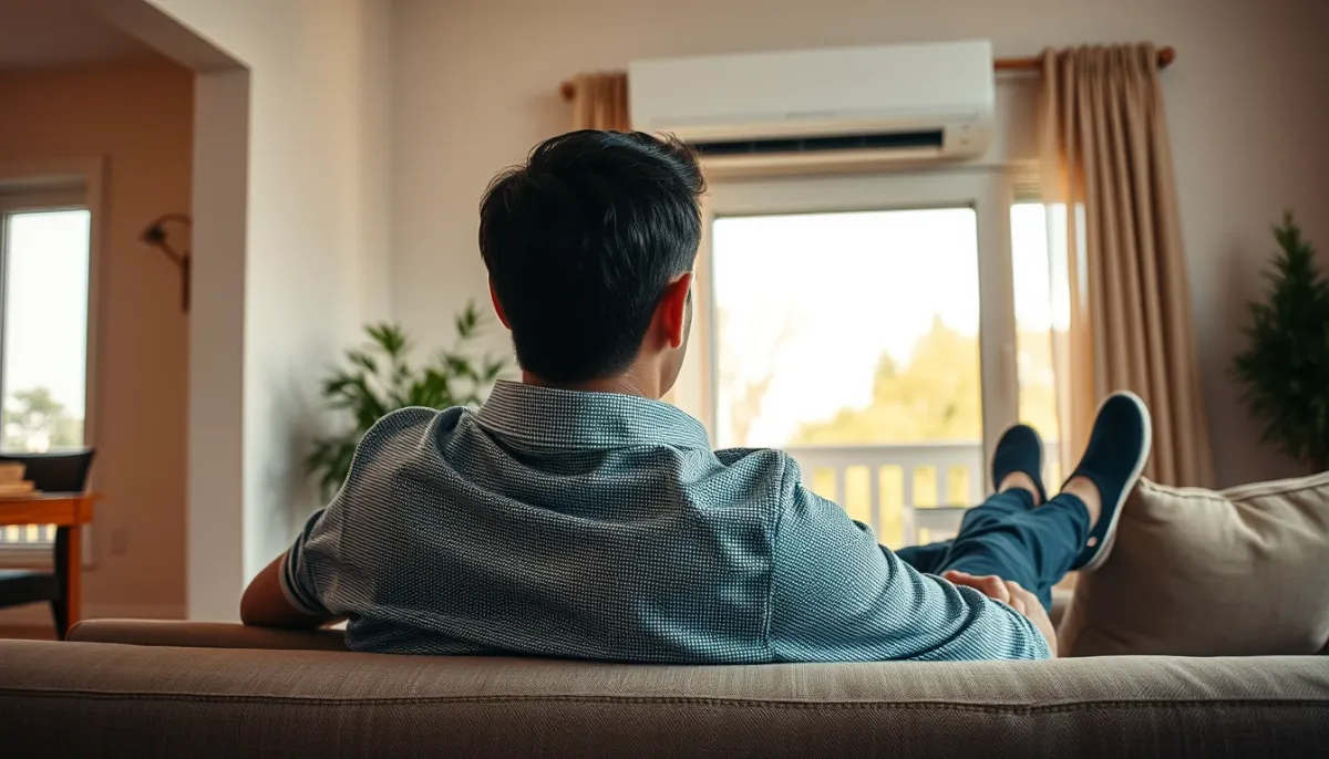 Personne se relaxant dans un salon climatisé avec un climatiseur mural en fonctionnement