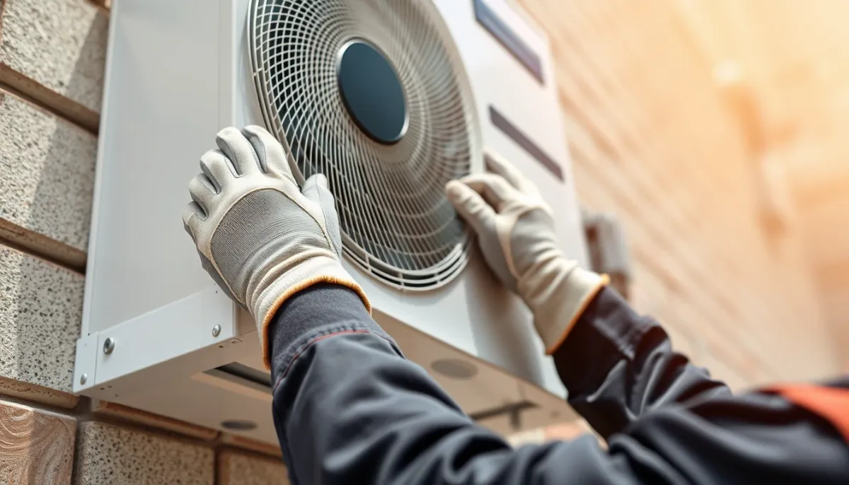 Technicien installant une unité extérieure de climatiseur sur un support mural