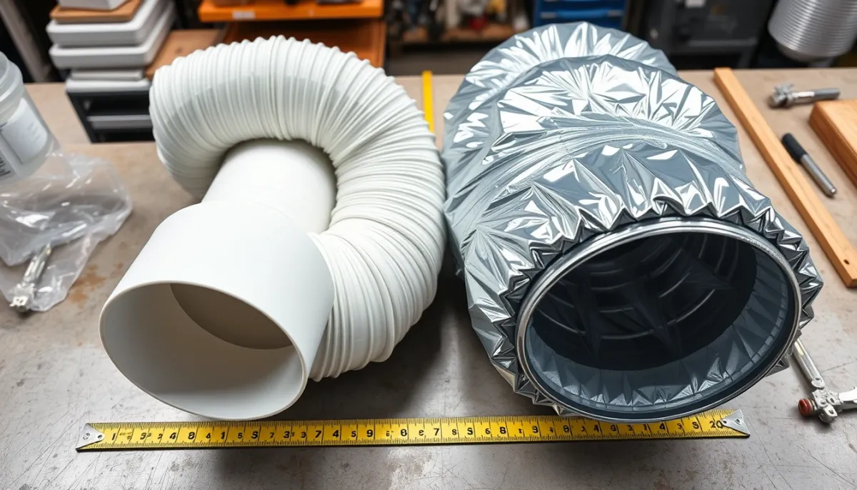 Comparaison de deux gaines : une gaine VMC en PVC rigide et une gaine de climatisation flexible isolée