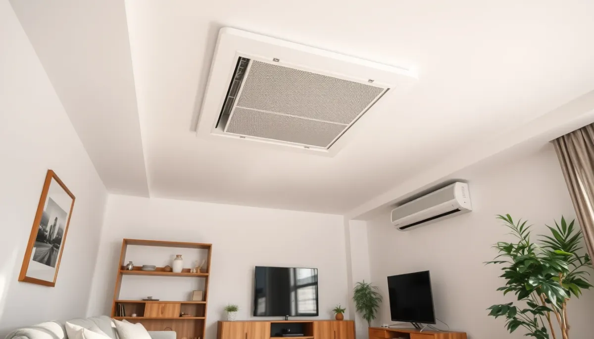 Salon confortable équipé d'une climatisation gainable et d'une VMC avec des grilles séparées au plafond