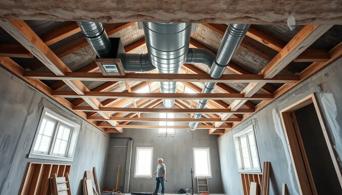 Chantier de rénovation avec installation de gaines de ventilation et climatisation séparées