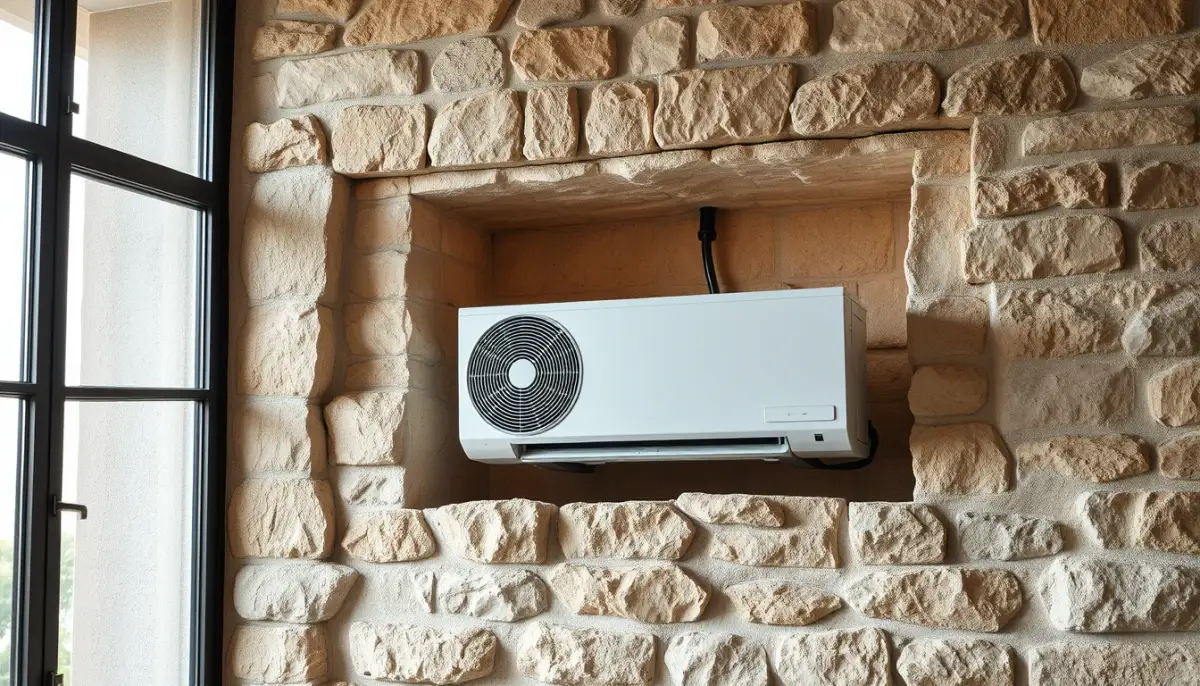 Coupe d'un mur épais en pierre avec unité de climatisation murale