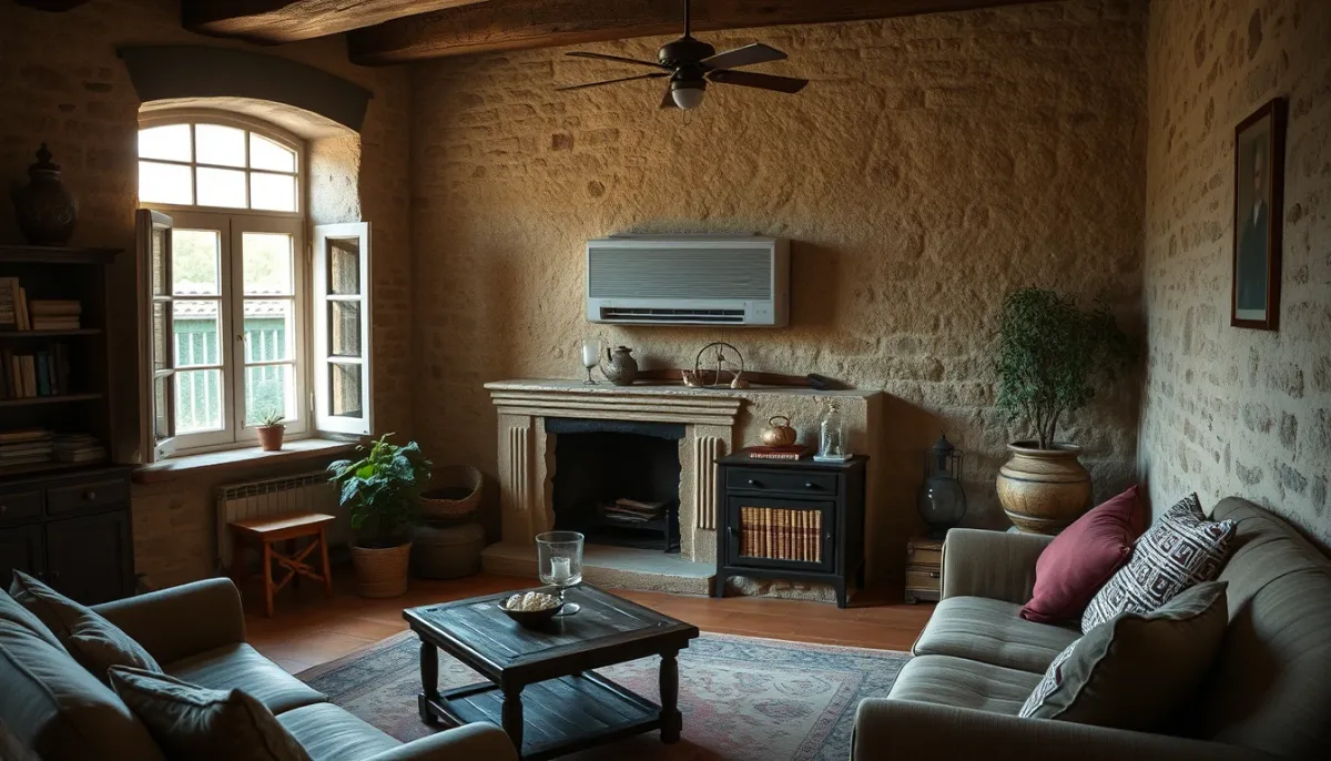Salon provençal avec climatiseur mural en fonctionnement, ambiance confortable