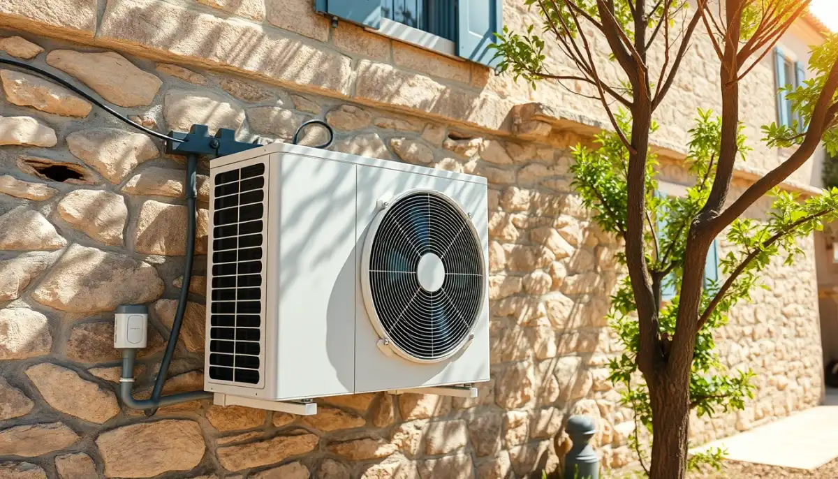 Unité extérieure de climatisation installée contre un mur en pierre