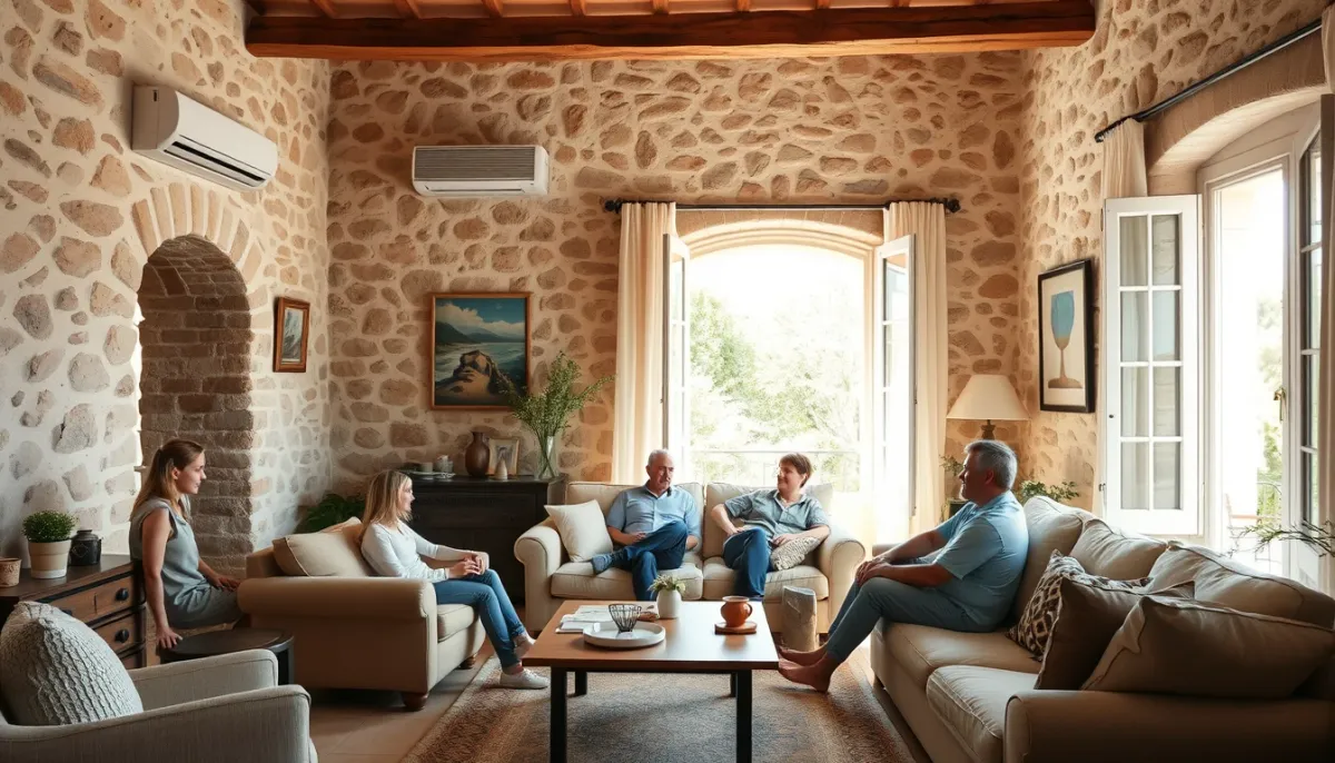 Famille se détendant dans un salon provençal avec climatisation réversible